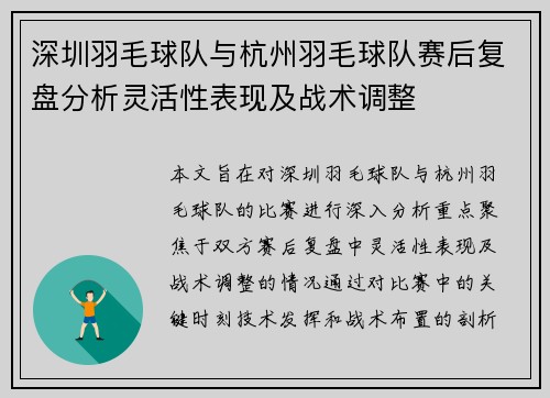 深圳羽毛球队与杭州羽毛球队赛后复盘分析灵活性表现及战术调整