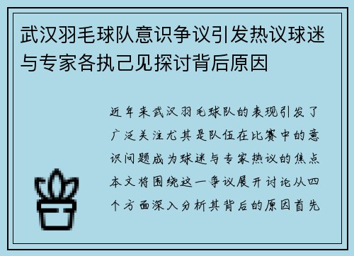 武汉羽毛球队意识争议引发热议球迷与专家各执己见探讨背后原因